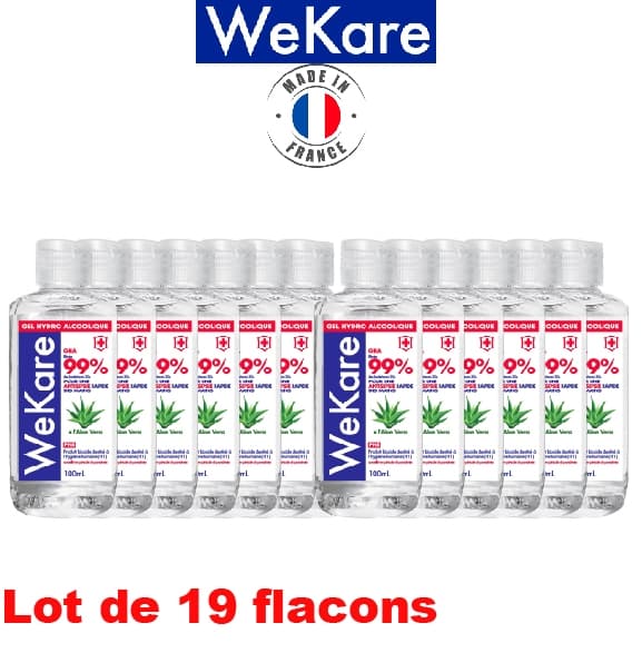 Gel hydroalcoolique 100ml à l'Aloé Vera-EN14476-antibactérien pour les mains-désinfecte 99% des bactéries(carton de 19 flacons)