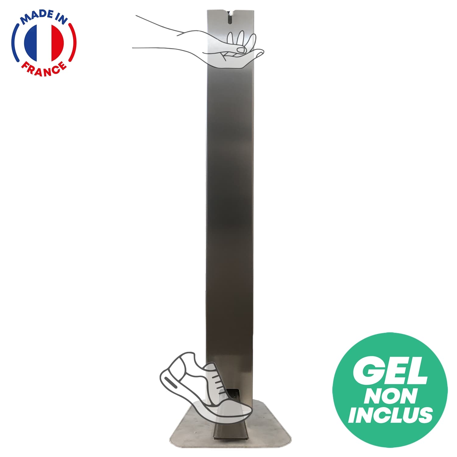 Distributeur de gel hydroalcoolique à pédale made in france