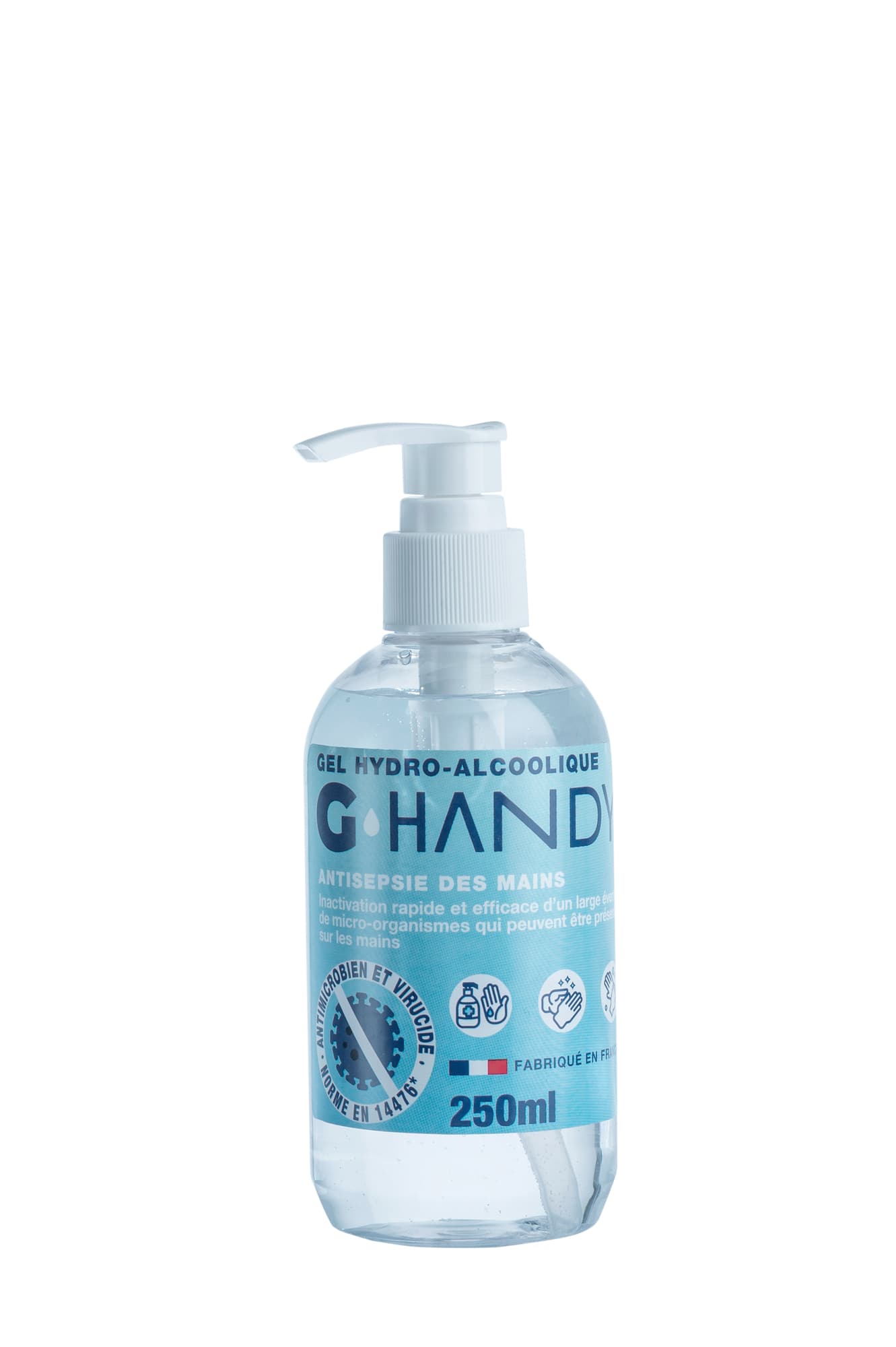 Gel hydroalcoolique G-HANDY – 250 ml avec POMPE – Certifié VIRUCIDE et BACTERICIDE – 100% FRANÇAIS