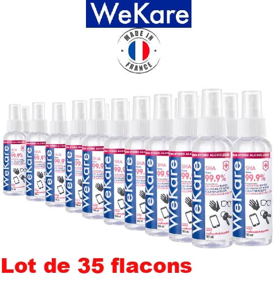 Carton de 35 Sprays Hydroalcoolique 100ml recommandée par l'oms. Désinfection du petit matériel, désinfecte 99% des bactéries