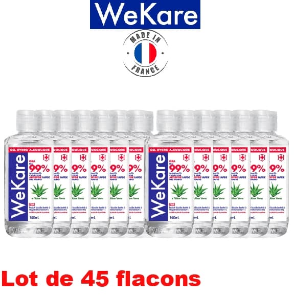 Gel hydroalcoolique 100ml à l'Aloé Vera-EN14476-antibactérien pour les mains-désinfecte 99% des bactéries(carton de 45 flacons)