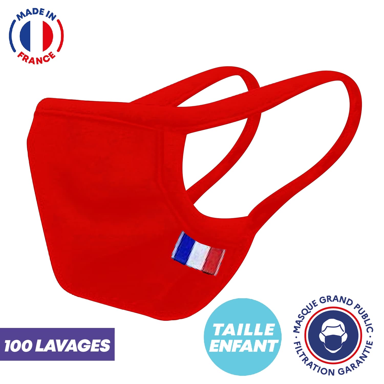 UNS1 100 lavages - Masque enfant rouge 10/14 ans fabriqué en France