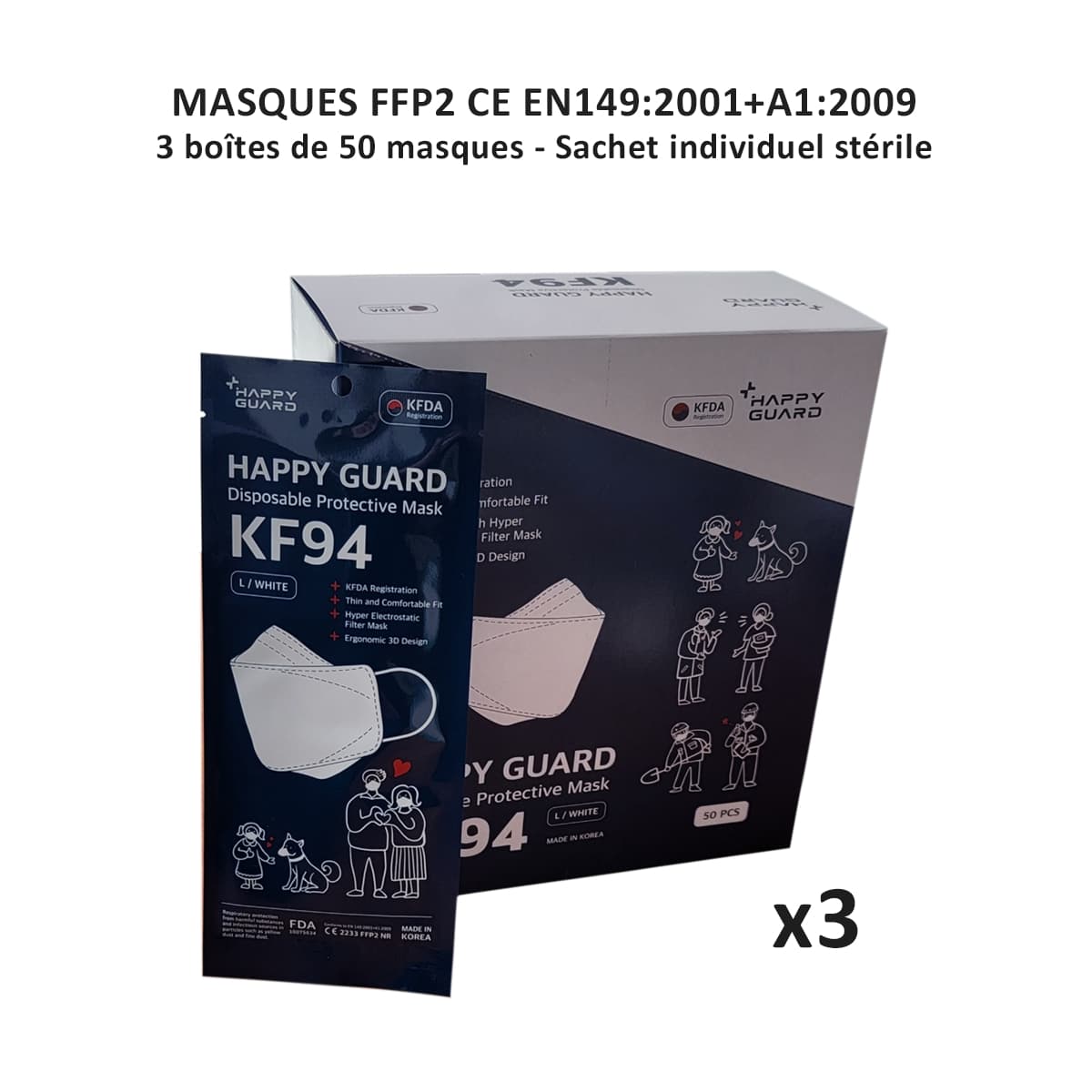 150 Masques FFP2 CE - norme EN149:2001+A1:2009 - 3 Boîtes de 50 - sachet individuel stérile - Happy Guard 