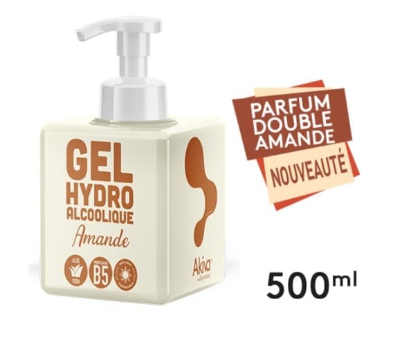 Gel Hydroalcoolique 500 ML avec pompe - Parfum Amande - Fabriqué en France - Akiva 