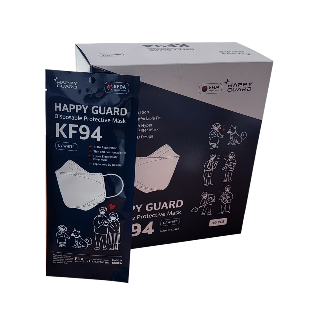 Masques FFP2 CE - norme EN149:2001+A1:2009 - Boîte de 50 - sachet individuel stérile - Happy Guard
