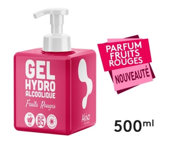 Gel Hydroalcoolique 500 ML avec pompe - Parfum Fruits Rouges- Fabriqué en France - Akiva  